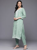 Varanga Women Sea Green Round Neck Heavy Thread Embroidered Kurta With Bottom & Dupatta