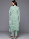 Varanga Women Sea Green Round Neck Heavy Thread Embroidered Kurta With Bottom & Dupatta