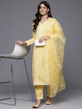 Varanga Women Yellow Round Neck Heavy Thread Embroidered Kurta With Bottom & Dupatta