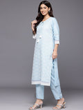 Varanga Women Blue  Round Neck  Chikankari Straight Kurta With Bottom And Dupatta