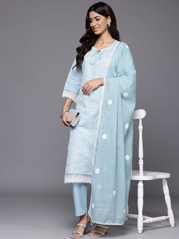 Varanga Women Blue  Round Neck  Chikankari Straight Kurta With Bottom And Dupatta