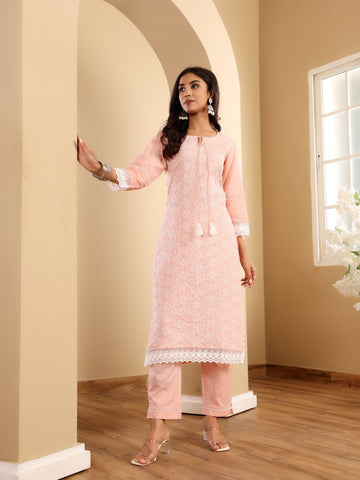 Varanga Women Peach Round Neck  Chikankari Straight Kurta With Bottom And Dupatta