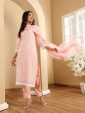 Varanga Women Peach Round Neck  Chikankari Straight Kurta With Bottom And Dupatta