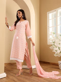 Varanga Women Peach Round Neck  Chikankari Straight Kurta With Bottom And Dupatta