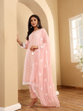 Varanga Women Peach Round Neck  Chikankari Straight Kurta With Bottom And Dupatta