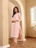 Varanga Women Peach Round Neck  Chikankari Straight Kurta With Bottom And Dupatta