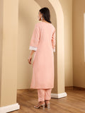 Varanga Women Peach Round Neck  Chikankari Straight Kurta With Bottom And Dupatta