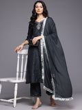 Varanga Women Grey Silk Thread And Zari Embroidered , Sequins Embellished Kurta Paired With Bottom And Dupatta