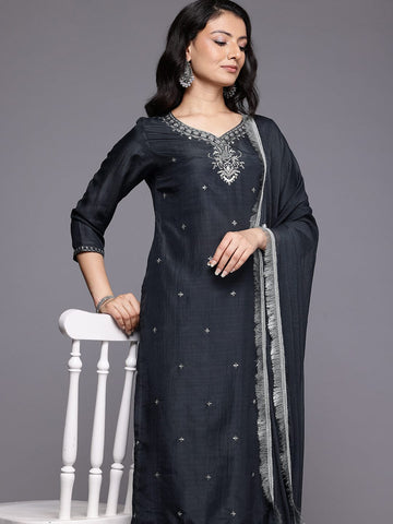 Varanga Women Grey Silk Thread And Zari Embroidered , Sequins Embellished Kurta Paired With Bottom And Dupatta