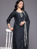 Varanga Women Grey Silk Thread And Zari Embroidered , Sequins Embellished Kurta Paired With Bottom And Dupatta