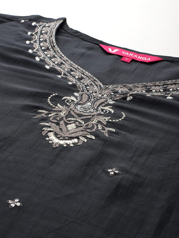 Varanga Women Grey Silk Thread And Zari Embroidered , Sequins Embellished Kurta Paired With Bottom And Dupatta