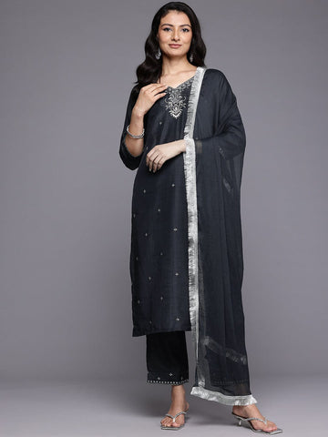 Varanga Women Grey Silk Thread And Zari Embroidered , Sequins Embellished Kurta Paired With Bottom And Dupatta