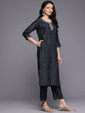 Varanga Women Grey Silk Thread And Zari Embroidered , Sequins Embellished Kurta Paired With Bottom And Dupatta