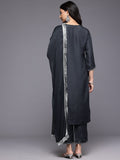 Varanga Women Grey Silk Thread And Zari Embroidered , Sequins Embellished Kurta Paired With Bottom And Dupatta