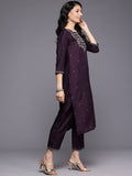 Varanga Women Purple Thread Embroidered Sequins Embellished Straight Kurta Paired with Bottom and Dupatta