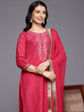 Varanga Women Fuchsia Thread and Zari Embroidered Sequins Embellished Kurta Set with Dupatta