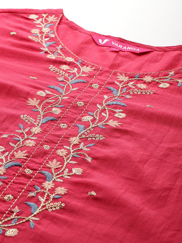 Varanga Women Fuchsia Thread and Zari Embroidered Sequins Embellished Kurta Set with Dupatta