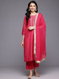 Varanga Women Fuchsia Thread and Zari Embroidered Sequins Embellished Kurta Set with Dupatta