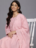 Varanga Women Peach Floral Thread Embroidered Sequins Embellished With Lace Detailed Kurta With Bottom And Dupatta