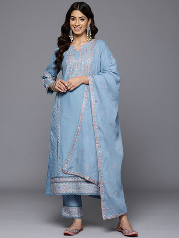 Varanga Women Blue Floral Thread Embroidered Sequins Embellished With Lace Detailed Kurta With Bottom And Dupatta