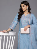 Varanga Women Blue Floral Thread Embroidered Sequins Embellished With Lace Detailed Kurta With Bottom And Dupatta