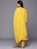 Varanga Women Yellow Floral Thread Embroidered Sequins Embellished With Lace Detailed Kurta With Bottom And Dupatta