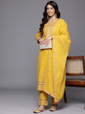 Varanga Women Yellow Floral Thread Embroidered Sequins Embellished With Lace Detailed Kurta With Bottom And Dupatta