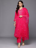 Varanga Women Fuchsia Thread Embroidered Organza Detailed Kurta With Bottom And Dupatta