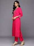 Varanga Women Fuchsia Thread Embroidered Organza Detailed Kurta With Bottom And Dupatta