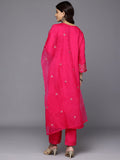 Varanga Women Fuchsia Thread Embroidered Organza Detailed Kurta With Bottom And Dupatta