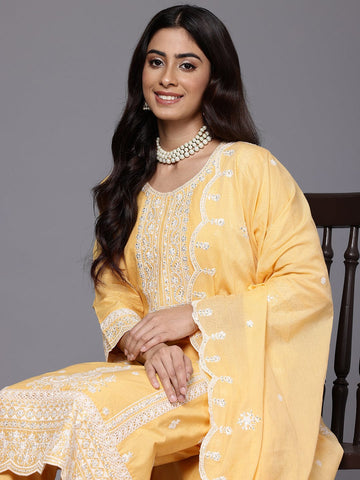 Varanga Women Yellow Chikankari Embroidered Sequins Embellished Kurta With Bottom And Dupatta