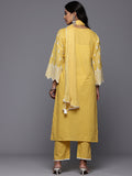 Varanga Women Yellow Pure Cotton Thread Embroidered Kurta Set with Dupatta