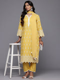 Varanga Women Yellow Pure Cotton Thread Embroidered Kurta Set with Dupatta