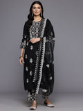 Varanga Women Black Round Neck Thread Embroidered Kurta Paired With Bottom And Dupatta