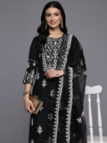 Varanga Women Black Round Neck Thread Embroidered Kurta Paired With Bottom And Dupatta