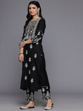 Varanga Women Black Round Neck Thread Embroidered Kurta Paired With Bottom And Dupatta