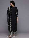 Varanga Women Black Round Neck Thread Embroidered Kurta Paired With Bottom And Dupatta