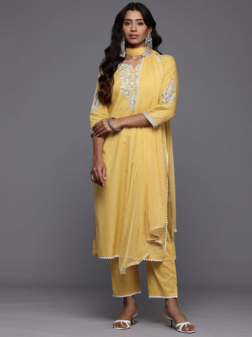 Varanga Women Yellow Thread Embroidered Kurta Set with Dupatta