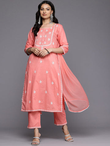 Varanga Women Peach Thread Embroidered Kurta Set with Dupatta