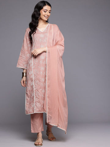 Varanga Women Peach Thread Embroidered Kurta Set with Dupatta