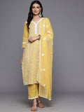 Varanga Women Mustard Thread Embroidered Kurta, Three Quarter Sleeves Paired With Bottom And Dupatta