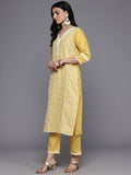 Varanga Women Mustard Thread Embroidered Kurta, Three Quarter Sleeves Paired With Bottom And Dupatta