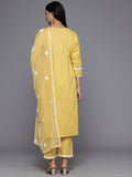 Varanga Women Mustard Thread Embroidered Kurta, Three Quarter Sleeves Paired With Bottom And Dupatta