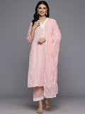 Varanga Women Pink V Neck Thread Embroidered With Tonal Bottom And Chiffon Dupatta