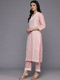 Varanga Women Pink V Neck Thread Embroidered With Tonal Bottom And Chiffon Dupatta