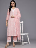 Varanga Women Pink V Neck Thread Embroidered With Tonal Bottom And Chiffon Dupatta