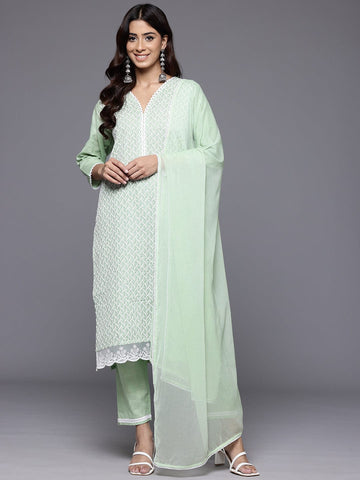 Varanga Women Green V Neck Chikankari Embroidered Kurta With Tonal Bottom And Chiffon Dupatta.