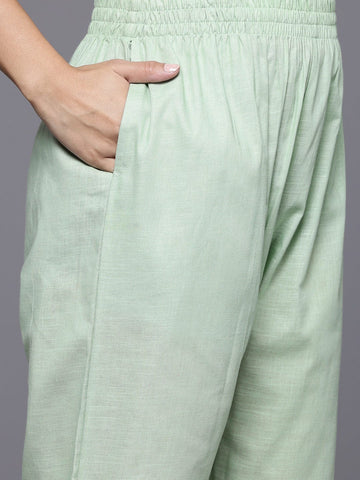 Varanga Women Green V Neck Chikankari Embroidered Kurta With Tonal Bottom And Chiffon Dupatta.