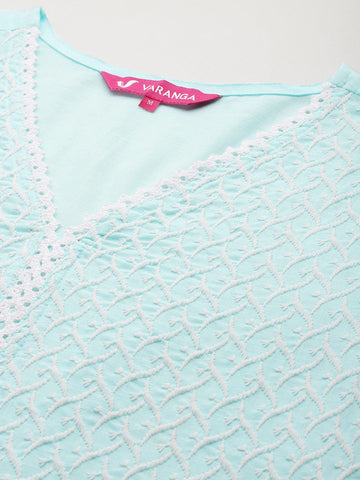 Varanga Women Blue Chikankari Embroidered Kurta With Tonal Bottom And Chiffon Dupatta.