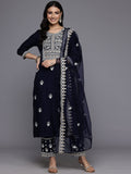 Varanga Women Navy Blue Round Neck Thread Embroidered Kurta Paired With Bottom And Dupatta